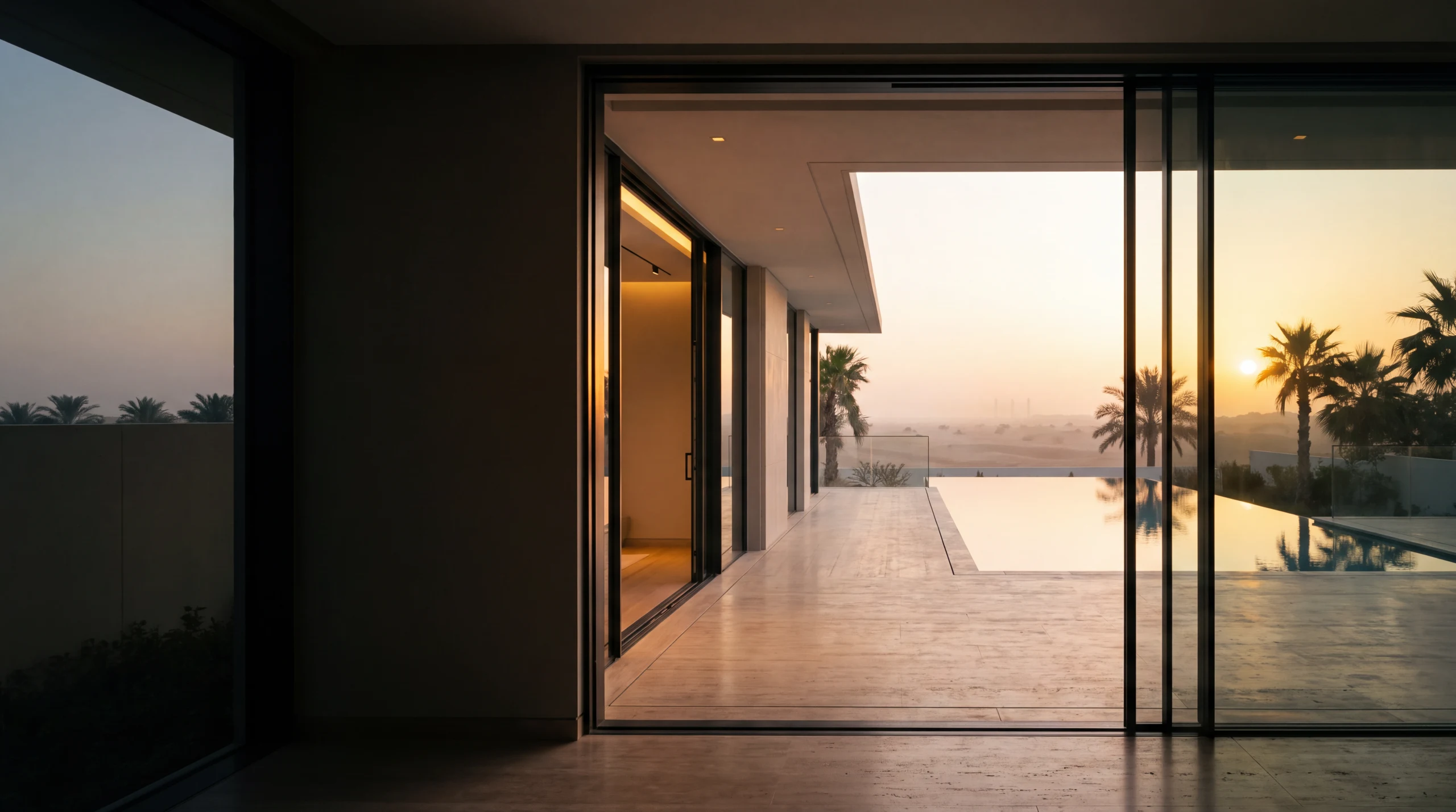 تصور معماري مولّد بالذكاء الاصطناعي: أبواب زجاجية منزلقة بارتفاع الغرفة تنفتح على شرفة ترافرتين ومسبح لا متناهٍ في دبي عند الغروب