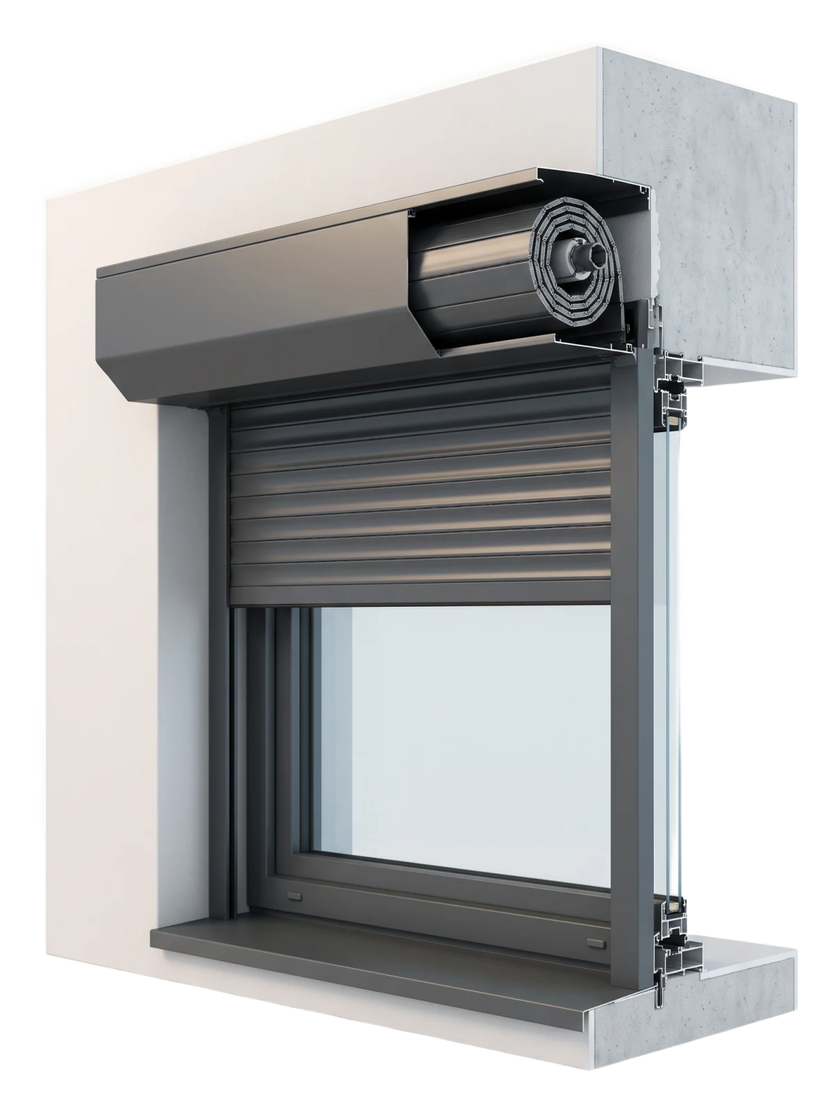 Cutaway of a surface-mounted aluminium roller shutter box in front of the facade above a window (AI-generated)