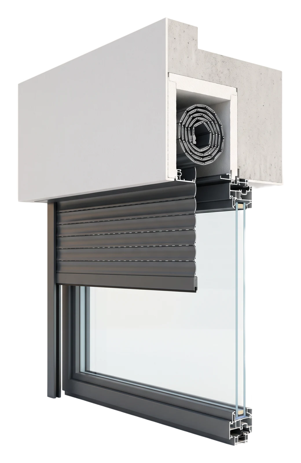 Cutaway of a built-in roller shutter box mounted on top of the window frame with guide rail (AI-generated)