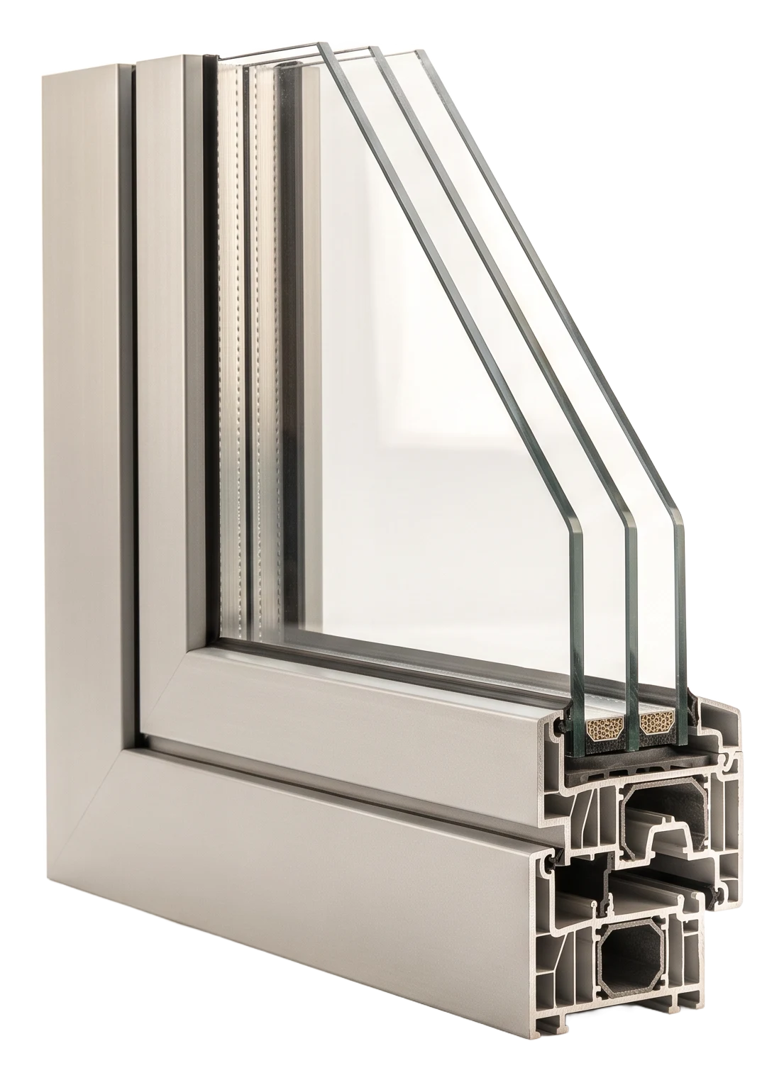 Cut section of triple glazing with two spacer bars in a slim light grey aluminium window frame (AI-generated)